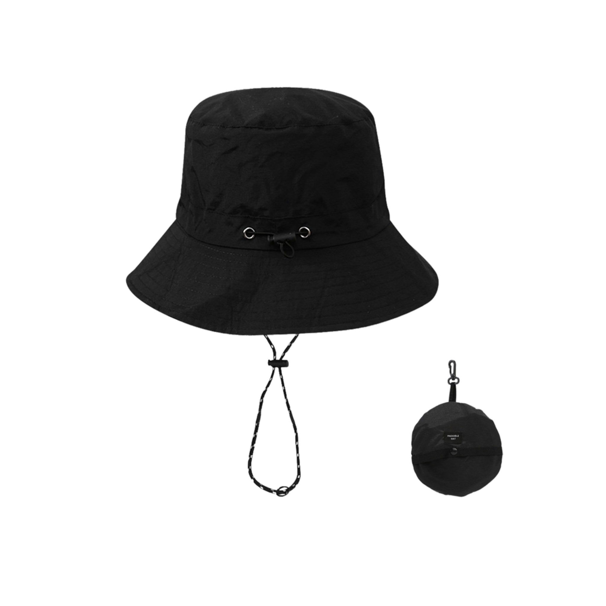 unisex black waterproof UV-protective bucket hat with string for outdoor