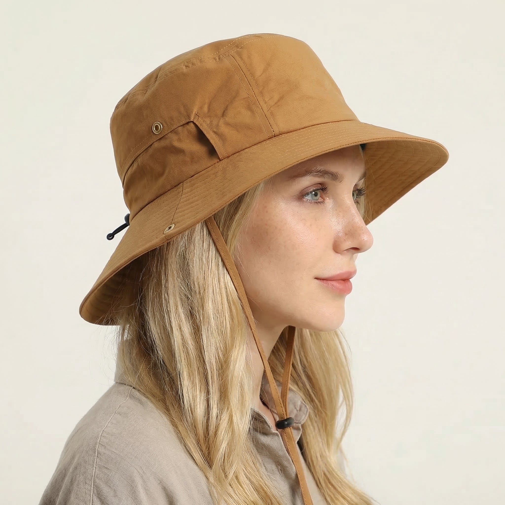 Meriple Deep Khaki Sun Protection Unisex Bucket Hat with String – Waterproof, Breathable Sun Hat for Outdoor Activities with Side Vents for Enhanced Airflow