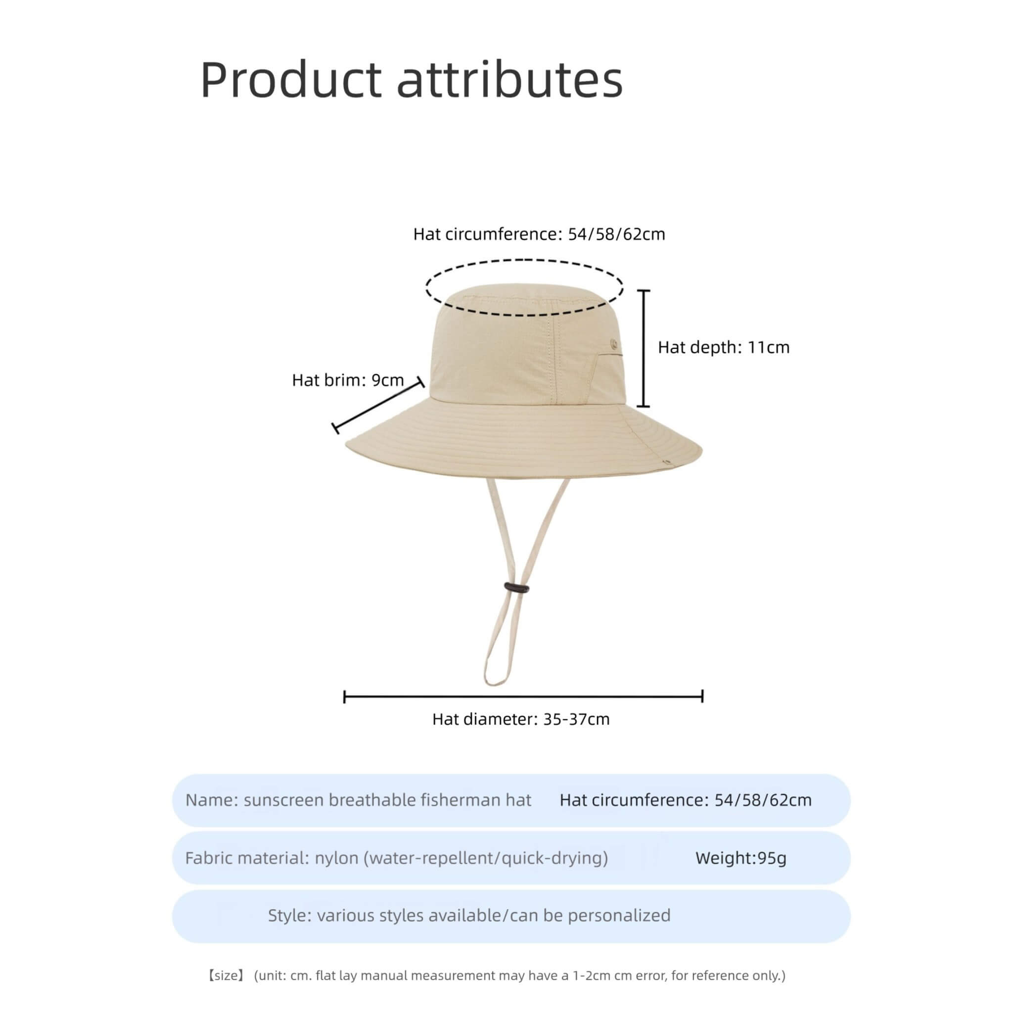 Product attributes for Meriple ultralight waterproof boonie hat, weighing only about 95g. Detailed size guide showing hat circumference from 54cm, 58cm, 62cm, up to 64cm for big heads. Includes 9cm wide brim and 11cm depth specs. The perfect breathable nylon bucket hat hats for hiking and fishing.