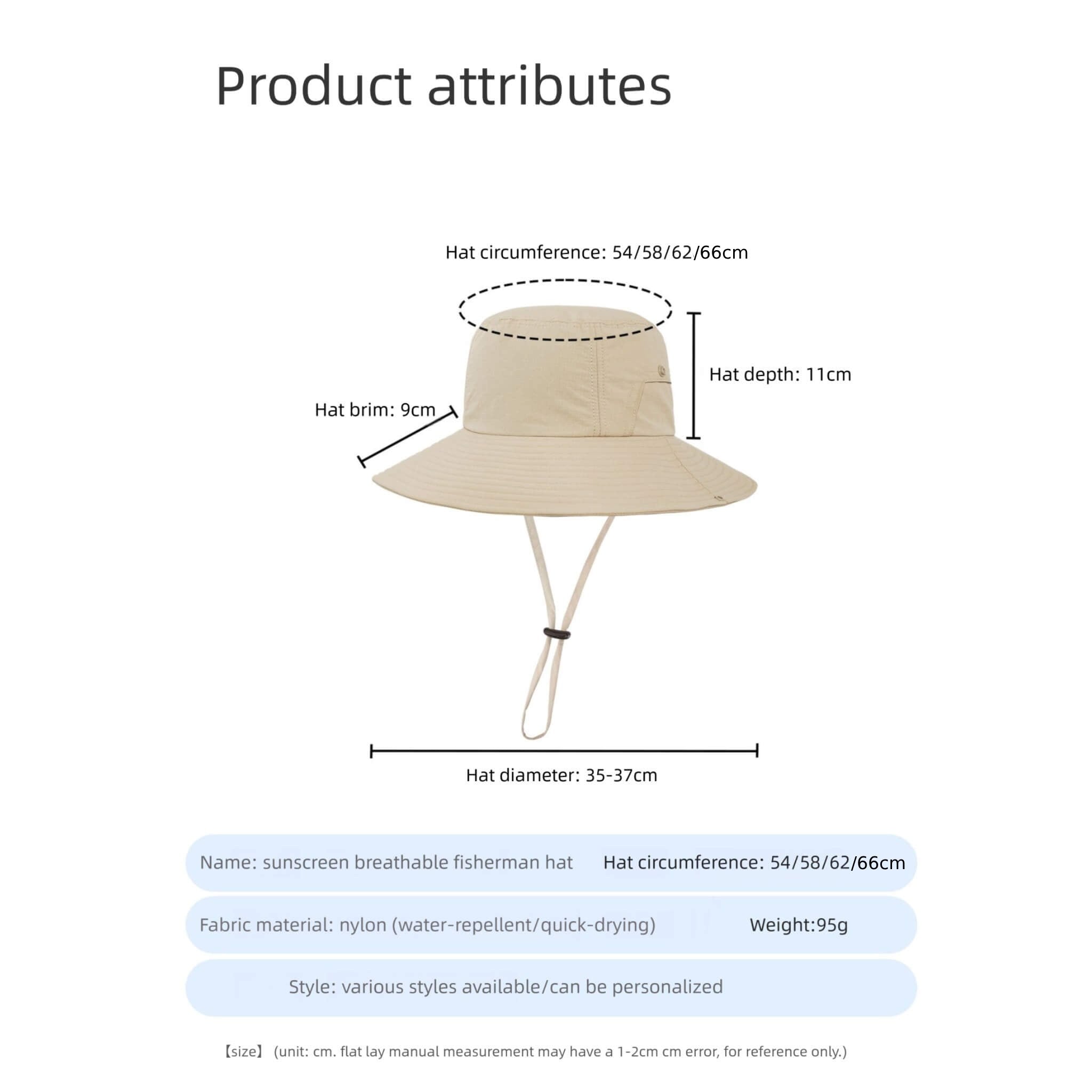 Product attributes for Meriple ultralight waterproof boonie hat, weighing only about 95g. Detailed size guide showing hat circumference from 54cm, 58cm, 62cm, up to 66cm for big heads. Includes 9cm wide brim and 11cm depth specs. The perfect breathable nylon bucket hat hats for hiking and fishing.