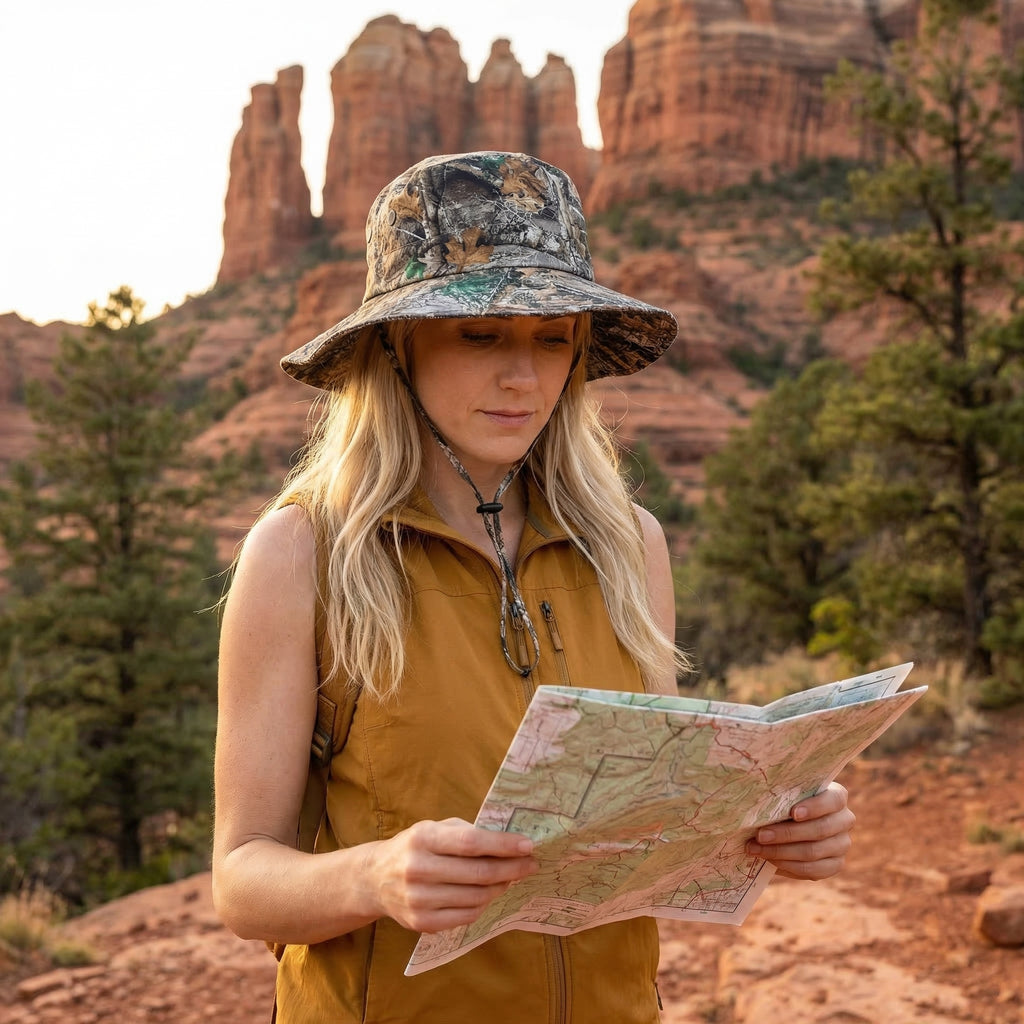 Meriple woodland camouflaged sun protection waterproof bucket hat – Camouflage sun hat with water-resistant properties for outdoor activities.